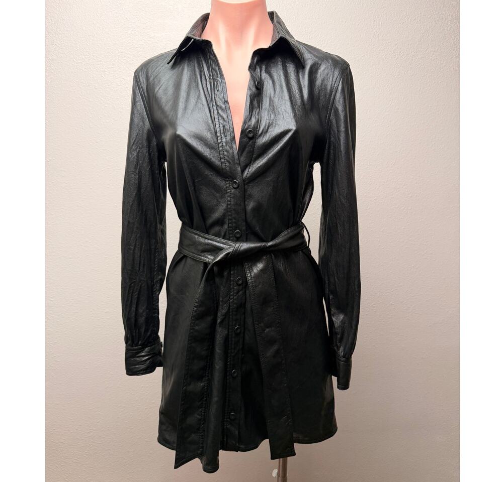 Aritzia Wilfred Caroline Black Vegan Leather Belted Shirt Dress Women's US XXS